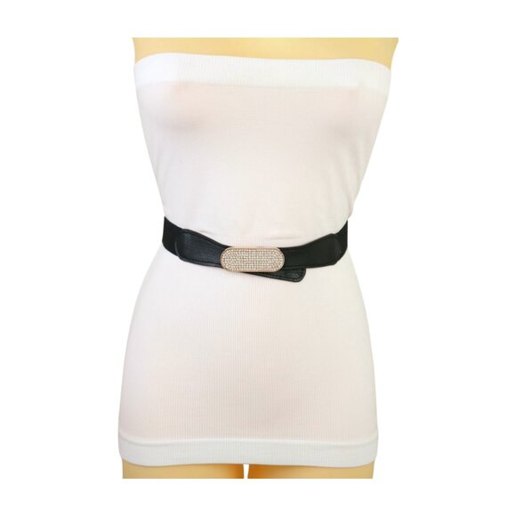 New Fun Women Black Stretch Waistband Fashion Belt Gold Oval Bling Buckle S M - Picture 8 of 17